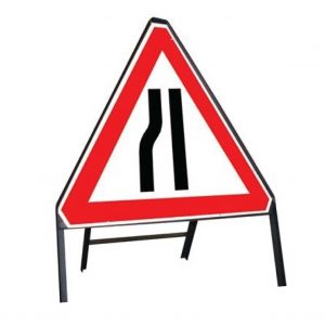 Road Narrows Left Stanchion Sign