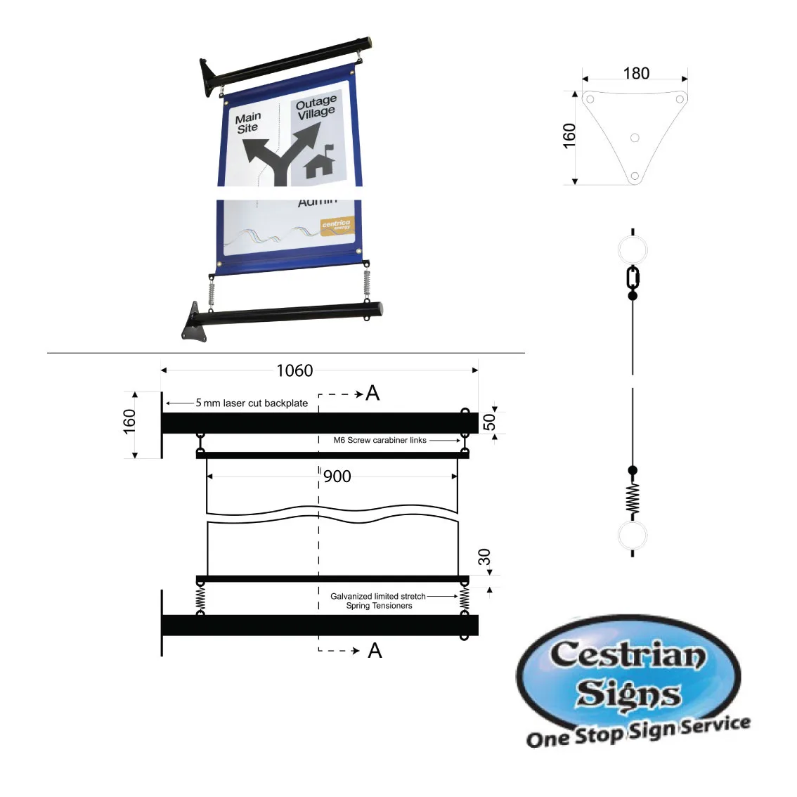 projecting wall mounted 900 banner detail