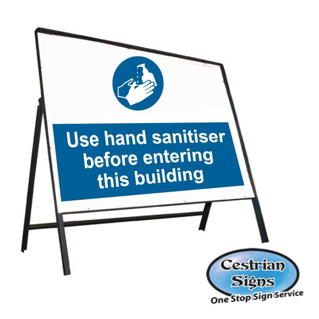 Use hand sanitiser before entering building stanchion sign