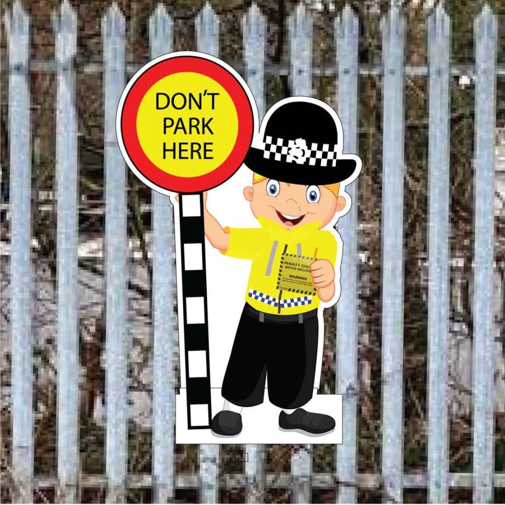 School no parking fence sign Police Lady