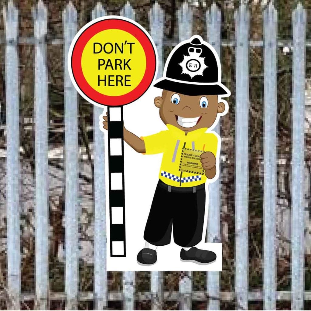 School no parking fence sign Police Man
